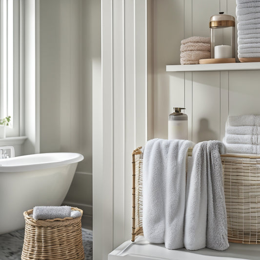 A serene bathroom scene: a wall-mounted shelving unit with rounded edges, three woven baskets, and a few rolled towels, amidst a calming backdrop of soft gray and white marble.