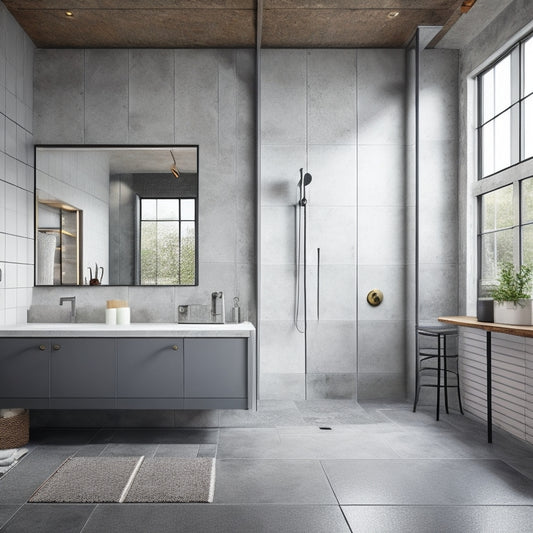 A sleek, modern industrial bathroom with polished concrete floors, exposed pipes, and a wall-mounted cabinet featuring glass doors with metal frames, reflecting a minimalist sink and faucet.