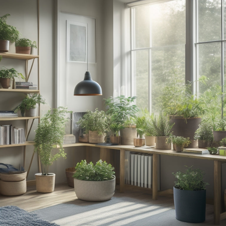 A serene, well-organized living room with a minimalist desk, a few neatly labeled storage bins, and a few plants, illuminated by natural light streaming through a large window.