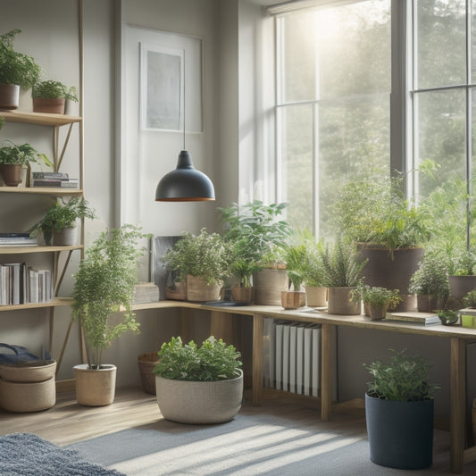 A serene, well-organized living room with a minimalist desk, a few neatly labeled storage bins, and a few plants, illuminated by natural light streaming through a large window.