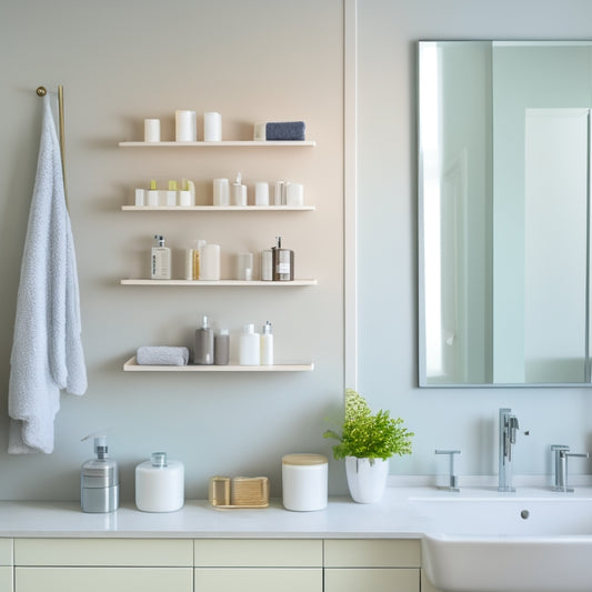 A minimalist bathroom with a large mirror above a sink, featuring a sleek, wall-mounted shelf unit with three tiers, holding toiletries, towels, and decorative items, against a light gray background.
