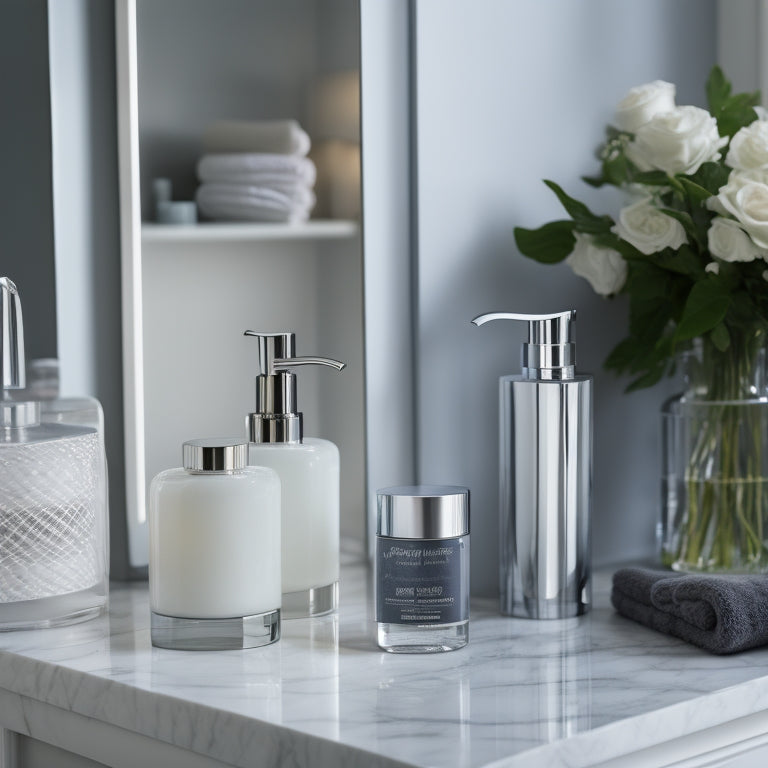 A serene, white-marble bathroom countertop featuring three-tiered, polished chrome shelves with rounded edges, adorned with rolled towels, a decorative vase, and a few luxurious skincare products.