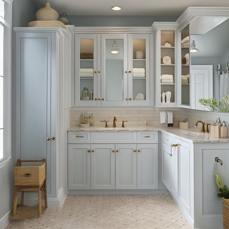 A serene bathroom with a wall-mounted cabinet featuring pull-out drawers, a recessed medicine cabinet with mirrored doors, and a floor-to-ceiling storage unit with baskets and decorative shelves.