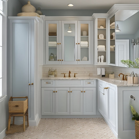 A serene bathroom with a wall-mounted cabinet featuring pull-out drawers, a recessed medicine cabinet with mirrored doors, and a floor-to-ceiling storage unit with baskets and decorative shelves.