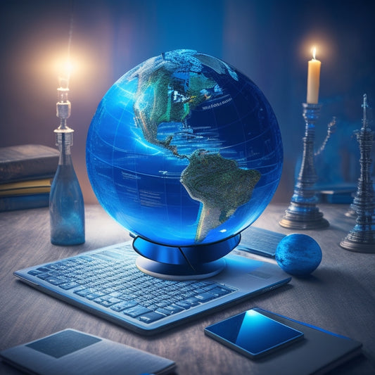 A globe with glowing blue connections between continents, surrounded by orbiting laptops, tablets, and smartphones, with a subtle educational background of chalkboards, books, and graduation caps.