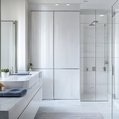 A sleek, modern bathroom with a large, frameless glass door cabinet in a polished chrome finish, reflecting the surrounding minimalist decor, set against a calming white and gray marble backdrop.