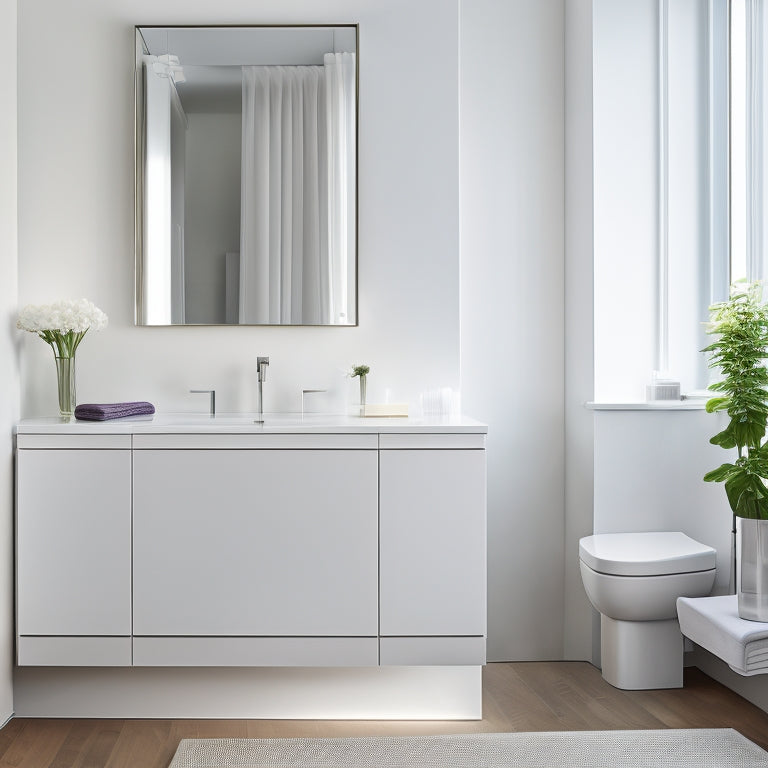 A serene, minimalist bathroom with a freestanding tub, wall-mounted sink, and LED-lit mirror above a sleek, double-sink vanity, surrounded by crisp white walls and polished chrome accents.