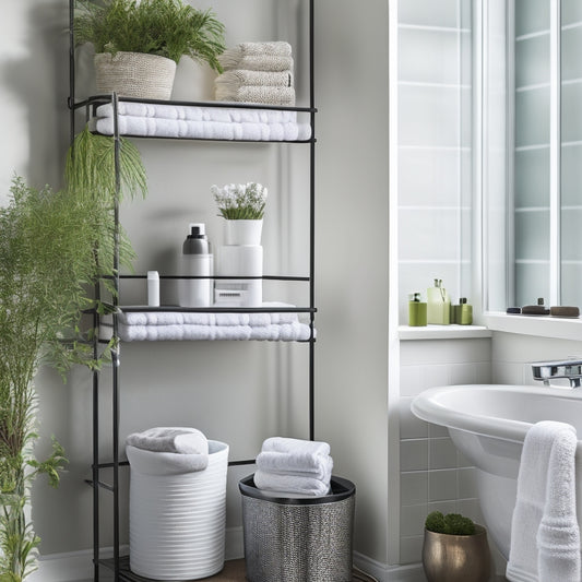 A serene, white bathroom with a corner shelf featuring three tiers of sleek, chrome-finished baskets, holding rolled towels, toiletries, and decorative plants, set against a contrasting dark gray wall.