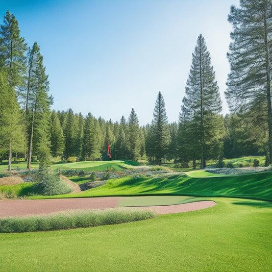 A sunny day at Mini Pines Golf Course: lush green grass, rolling hills, and tiny golf flags waving in the breeze, surrounded by vibrant flowers and towering pine trees.