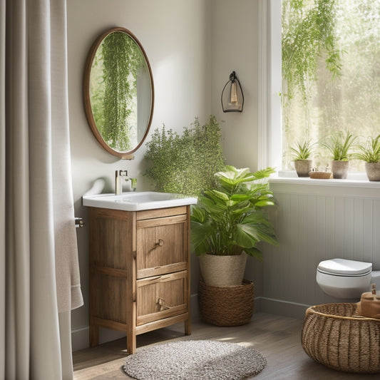 A serene bathroom with a corner stand featuring a sleek, wall-mounted sink, a minimalist mirror, and a woven basket storage unit beneath, surrounded by calming greenery and warm, natural lighting.