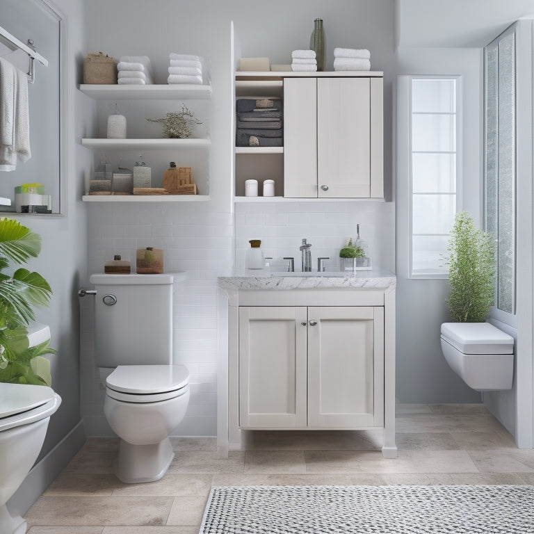 A clutter-free, modern bathroom with a wall-mounted cabinet, a pedestal sink with storage baskets underneath, a toilet with a narrow shelf above, and a floor-to-ceiling storage unit behind a glass door.