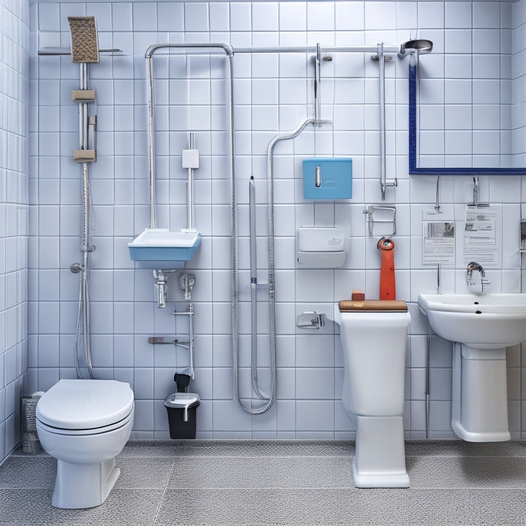 A partially installed wall-mounted toilet with exposed pipes and fittings, surrounded by scattered tools and instruction manuals, against a clean white bathroom wall with subtle grey tiles.