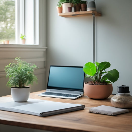 A minimalist desk with a laptop, a single small potted plant, and a few neatly arranged notebooks, surrounded by a subtle background of calming colors and soft natural light.