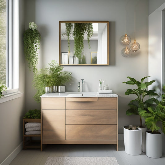 Create an image of a modern bathroom featuring sleek cabinetry with hidden drawers, minimalist design, soft ambient lighting, and elegant finishes. Include a stylish sink and decorative plants for a serene atmosphere.