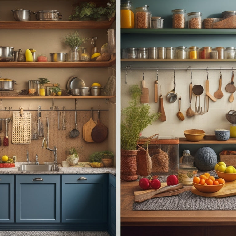 A split-screen image featuring a messy kitchen with utensils and ingredients scattered everywhere on one side, and a neat, organized kitchen with utensils and ingredients neatly arranged on a pegboard on the other.