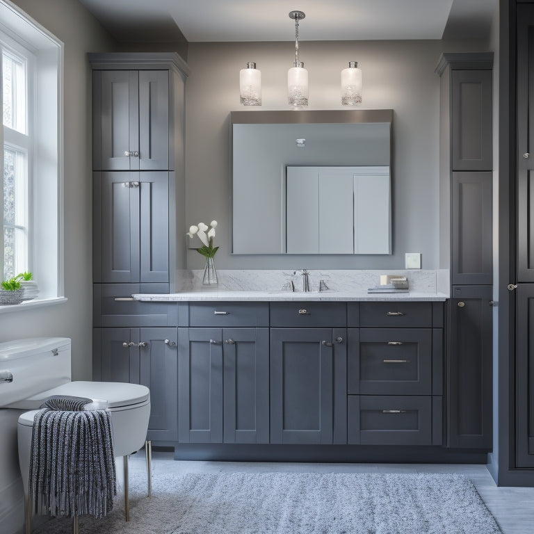 A sleek, modern bathroom with three wall-mounted, white Shaker-style cabinets, varying in size, adorned with polished chrome handles, against a contrasting dark gray wall, illuminated by soft, warm lighting.