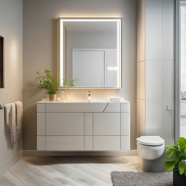 A modern bathroom with a large, wall-mounted, LED-lit mirror cabinet with a soft-close door, surrounded by sleek, white countertops and a chic, freestanding tub.