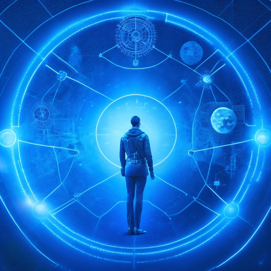 A futuristic, minimalist illustration of a customer at the center, surrounded by orbiting gears, robots, and satellites, with glowing blue lines and circuits connecting them, set against a dark blue background.