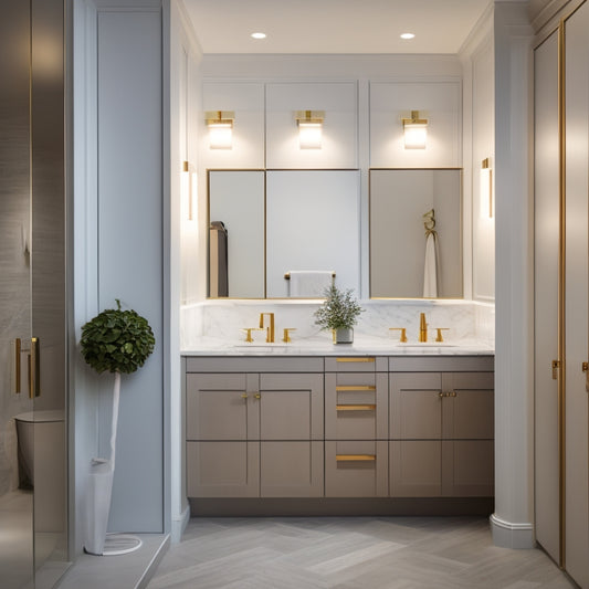 A sleek, modern bathroom with five wall-mounted cabinets, each with a mirrored door, installed at varying heights, surrounded by soft, warm lighting and a subtle, marble-inspired backdrop.