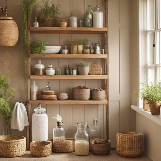 A beautifully arranged bathroom featuring reclaimed wood shelves adorned with vintage glass jars, woven baskets, and elegant ceramic containers, complemented by soft natural lighting and lush greenery for a rustic yet sophisticated ambiance.
