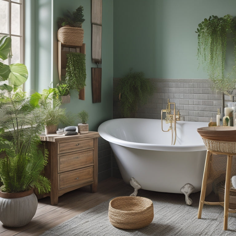 A serene, well-lit bathroom with a freestanding tub, surrounded by organized storage units, woven baskets, and a few lush green plants, evoking a sense of calmness and functionality.