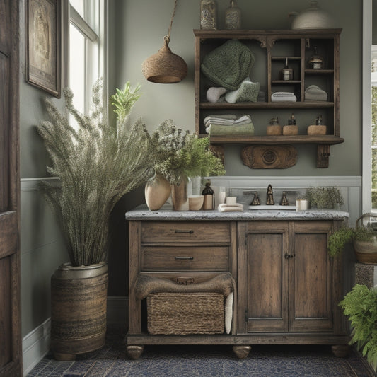 A clutter-free vintage bathroom featuring a distressed wooden cabinet with ornate metal knobs, adorned with woven baskets, apothecary jars, and a tiered antique shelf holding rolled towels and potted greenery.