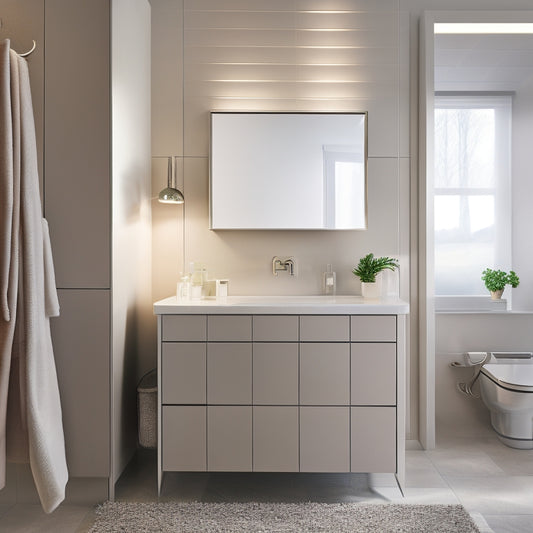 A modern bathroom with a freestanding cabinet featuring soft-close drawers, chrome handles, and built-in LED lighting that casts a warm glow on the crisp white countertops and sleek gray walls.