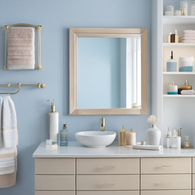 A beige bathroom with a single sink vanity, featuring three floating wall shelves in varying sizes, each holding a different arrangement of toiletries, towels, and decorative items, against a soft blue background.