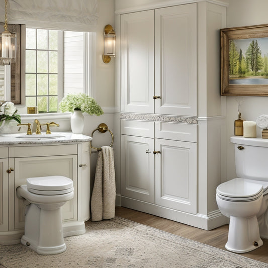 A serene bathroom with a light wood over-the-toilet storage cabinet, adorned with ornate metal hardware, holding rolled towels and decorative accents, surrounded by crisp white walls and a gleaming sink.