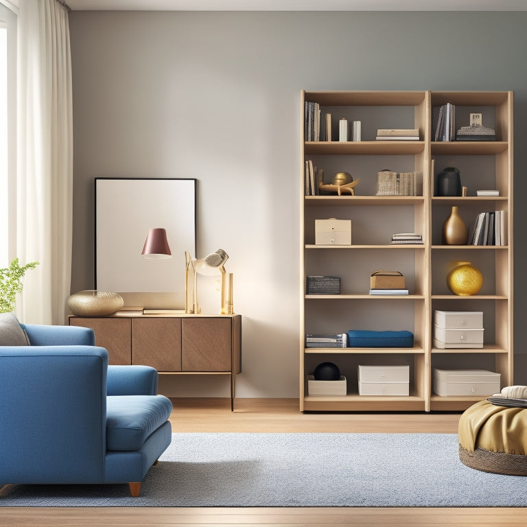 A serene, well-organized room with a minimalist aesthetic, featuring a sleek, floor-to-ceiling shelving unit, a stylish ottoman with hidden storage, and a few, carefully-placed decorative items.