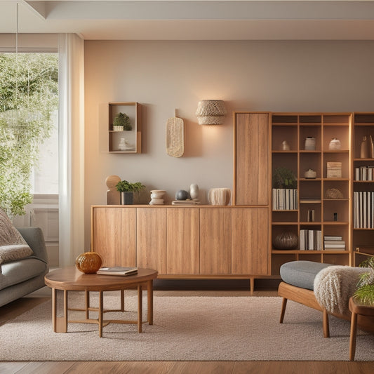 A stylish living room with five distinct wooden wall cabinets, each showcasing a unique design, material, and style, against a neutral background, with soft, warm lighting and subtle shadows.