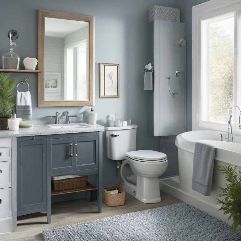 A serene bathroom with a wall-mounted cabinet, a pedestal sink with a storage basket beneath, a toilet with a tank-top storage unit, and a shower caddy attached to the showerhead.