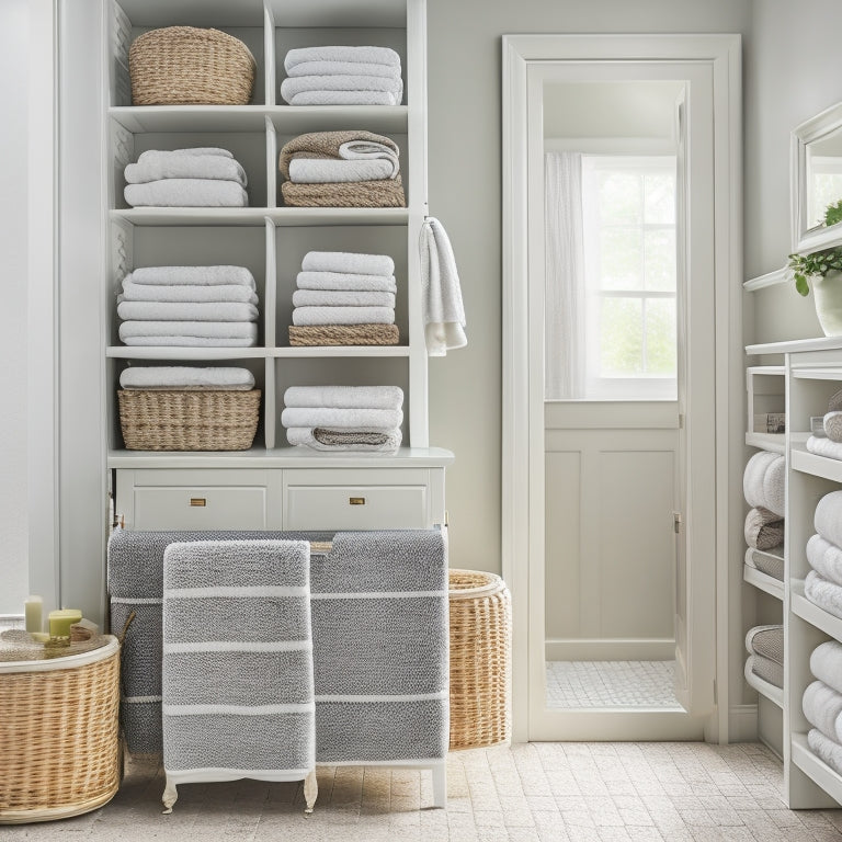 A serene, well-lit bathroom linen closet with stackable woven baskets, matching shelving units, and a few rolled towels in a neat pyramid, surrounded by calming white and soft gray tones.