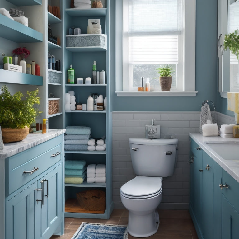 A cluttered small bathroom with a messy countertop, scattered toiletries, and a cramped shower area, contrasted with a tidy version featuring a wall-mounted cabinet, recessed shelving, and a pedestal sink with hidden storage.