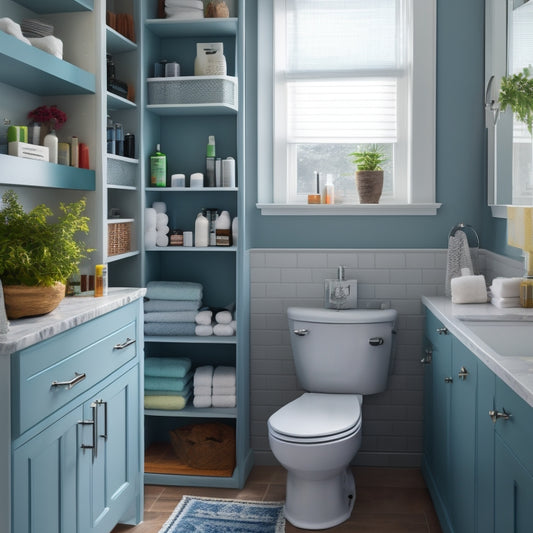 A cluttered small bathroom with a messy countertop, scattered toiletries, and a cramped shower area, contrasted with a tidy version featuring a wall-mounted cabinet, recessed shelving, and a pedestal sink with hidden storage.