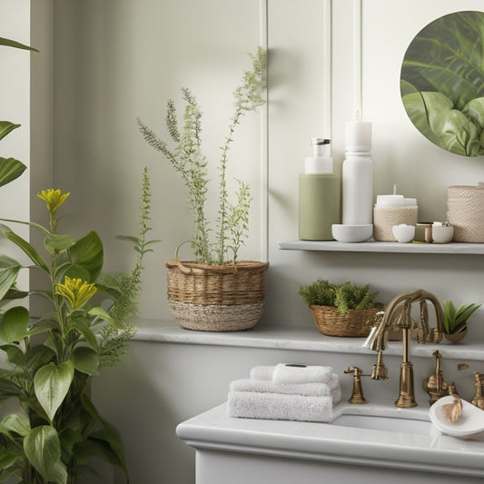 A serene bathroom scene featuring three floating shelves of varying sizes, adorned with lush greenery, a delicate vase, and a few decorative shells, against a soft, creamy white backdrop.