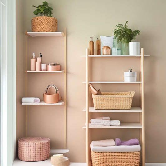 A sleek, modern bathroom featuring a wall-mounted floating shelf with neatly arranged toiletries, a stylish ladder shelf for towels, and an elegant wicker basket for storage, all set against a serene, pastel-colored backdrop.