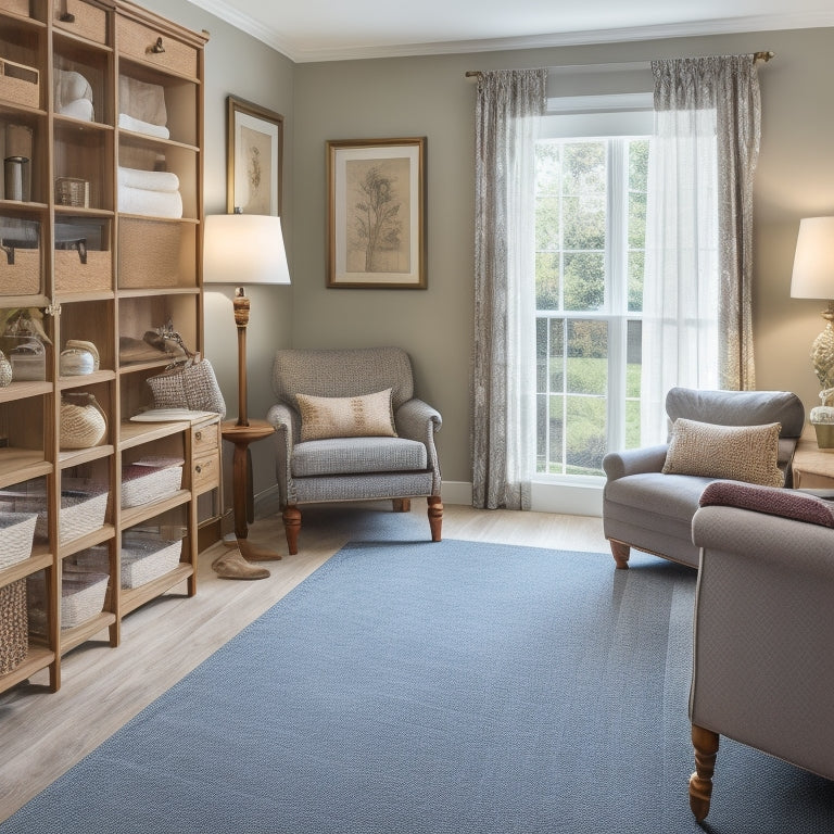 A warm and inviting senior's living room with a walk-in closet in the background, showcasing adjustable shelves, stackable storage bins, and a seated dressing area with a mirror and a storage Ottoman.