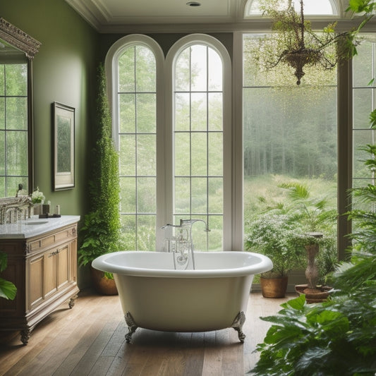 A serene bathroom scene: a freestanding tub nestled between two floor-to-ceiling windows, surrounded by lush greenery, beneath a vaulted ceiling with soft, warm lighting and a statement chandelier.