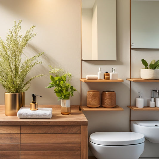 A minimalist bathroom with soft, warm lighting, featuring three floating shelves in different styles (modern glass, rustic wood, sleek metal) holding rolled towels, small plants, and decorative soap dispensers.