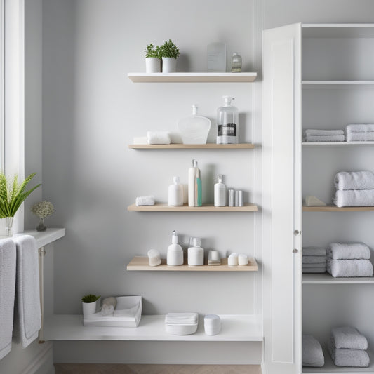 A minimalist bathroom with a combination of floating shelves, recessed cabinets, and a decorative ledges, showcasing various storage solutions for toiletries, towels, and decorative items in a harmonious, clutter-free space.