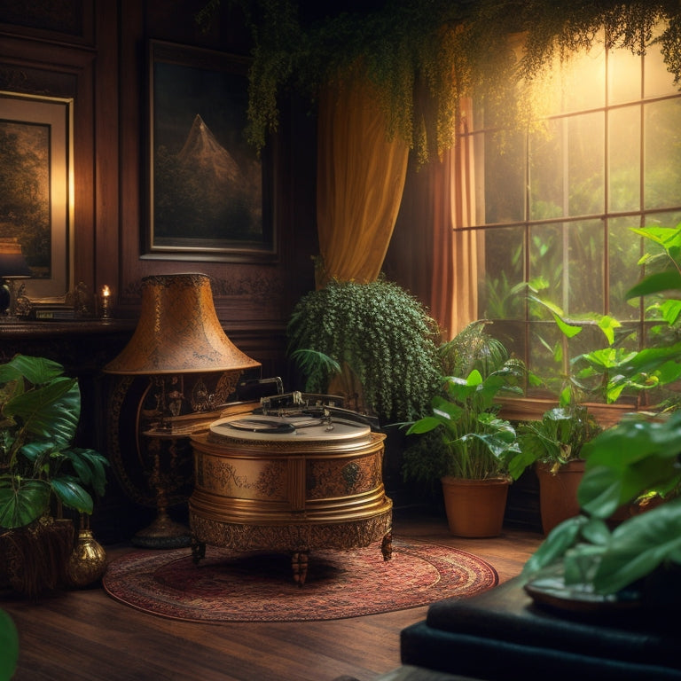 A warm, dimly lit vintage-inspired music room with a gramophone, vinyl records, and a few scattered musical notes, surrounded by lush greenery and soft, golden lighting.