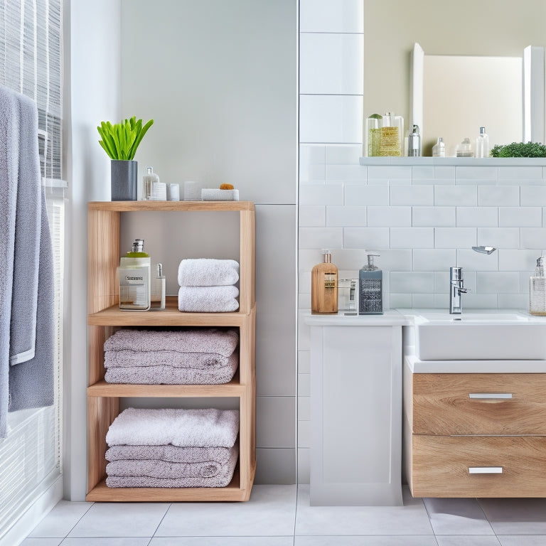 A modern bathroom with a sleek, white countertop featuring five different organizers: a chrome tray with rolled towels, a wooden tiered shelf, a wall-mounted basket, a glass apothecary jar, and a slide-out drawer.