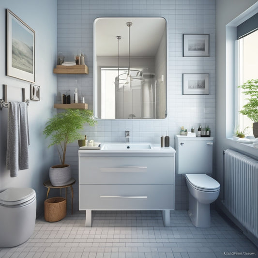 A clean and modern bathroom with a large, wall-mounted mirror, a sleek sink, and a toilet, surrounded by grid paper with various bathroom design templates and a pencil lying on top.