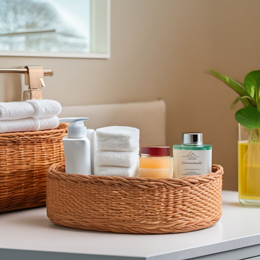 A pristine bathroom countertop with neatly arranged toiletries, a woven basket, and a small storage bin, all adorned with colorful, minimalist labels, against a soft, creamy background.