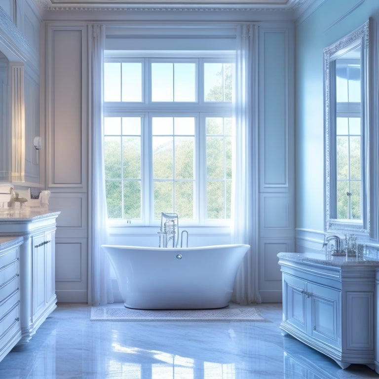 A serene bathroom scene featuring a wall of sleek, high-gloss white cabinets with ornate silver hardware, accompanied by a freestanding tub, marble floors, and a large window with flowing white curtains.