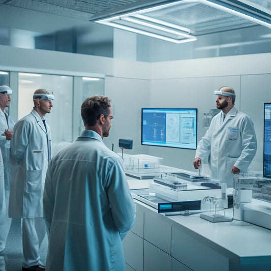 A futuristic laboratory with sleek metallic surfaces, rows of humming medical equipment, and a large, curved screen displaying a 3D brain scan, surrounded by scientists in white coats examining virtual reality headsets.