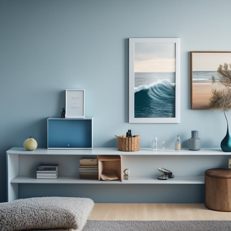 A minimalist room with a Wave Wall Box mounted, holding various household items, against a wall with no visible screws or drills, surrounded by organized clutter-free space.