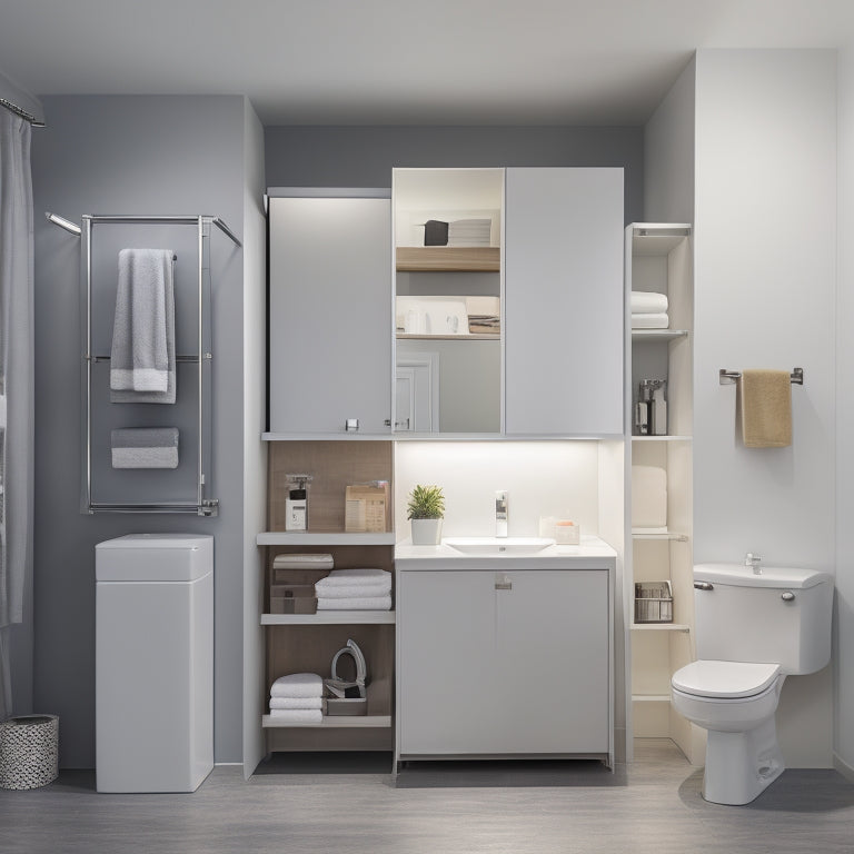 A modern, clean, and well-lit storage unit with a bathroom, containing a toilet, sink, and shower, surrounded by storage bins and shelves, with a sleek, gray, and white color scheme.