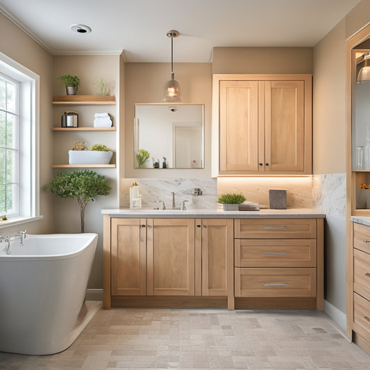 A modern bathroom with 10 different wall-mounted corner cabinets, each with unique design, material, and style, showcasing variety in shapes, sizes, and finishes, with soft, warm lighting and a neutral background.